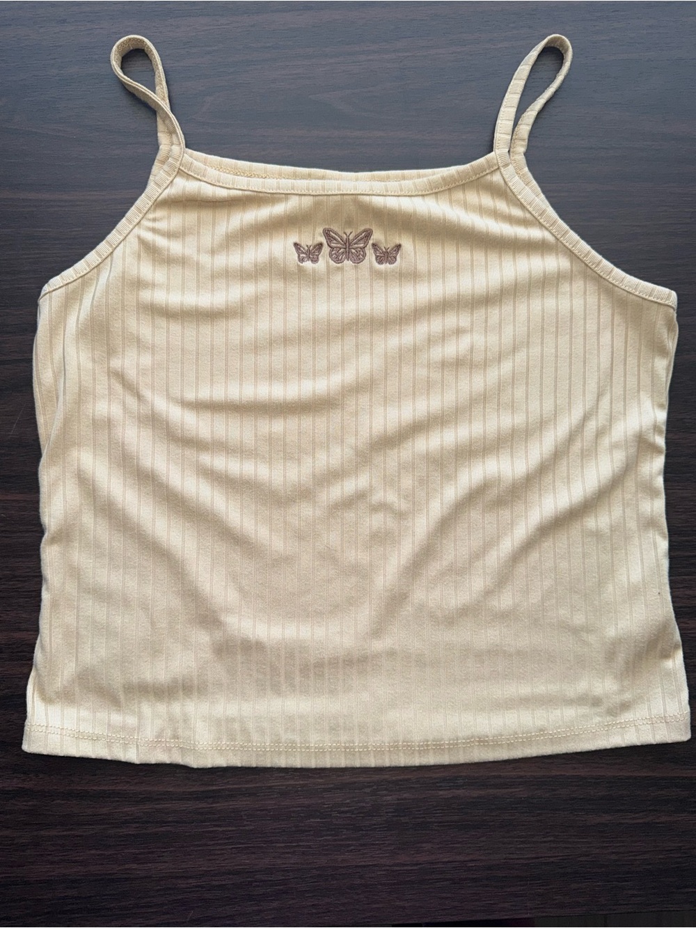 Self Esteem Ribbed Spaghetti Strap Camisole with Butterfly Embroidery - Cream